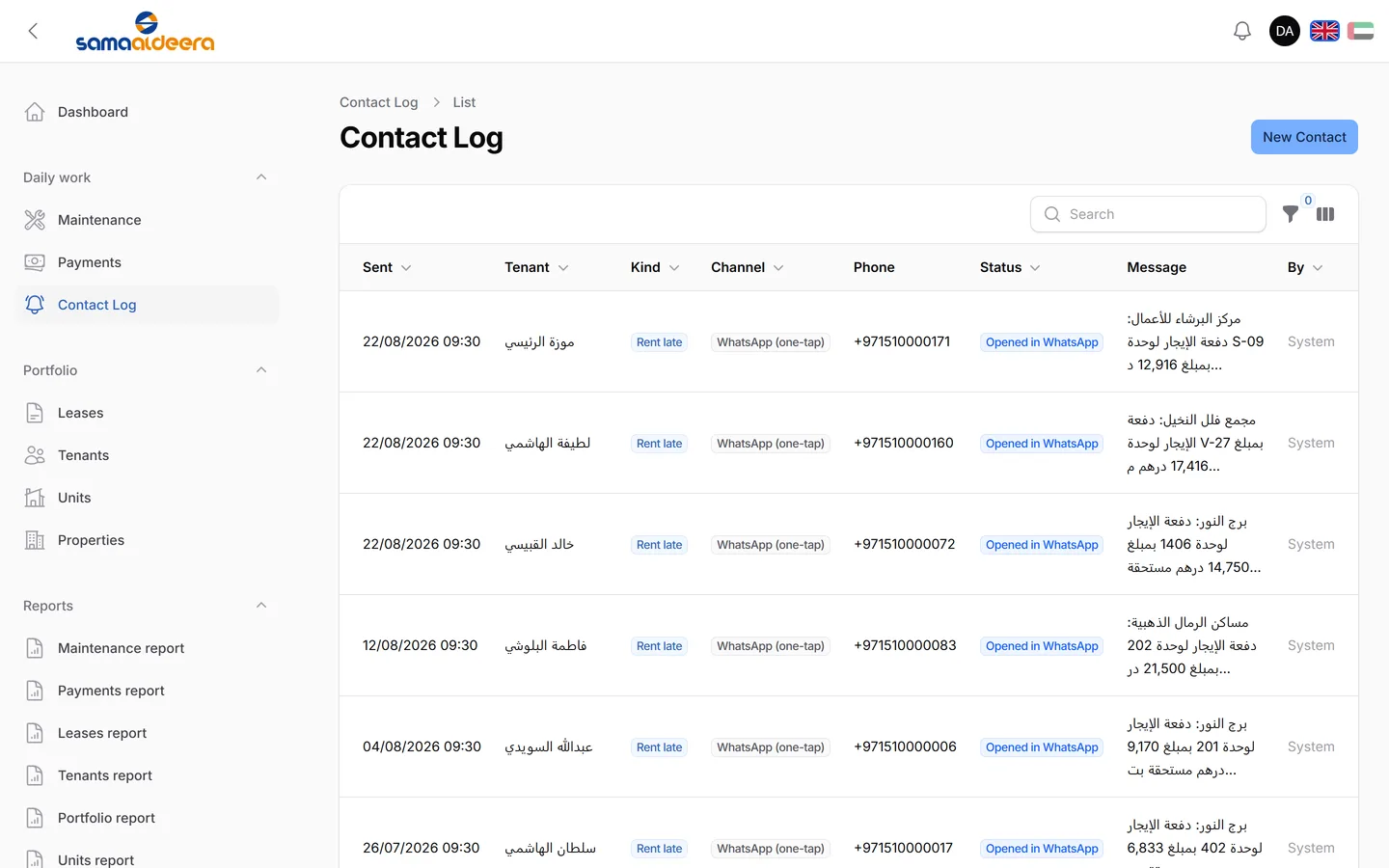 Review the rent reminders the system prepares, then send each one from your own WhatsApp number in the language the tenant uses.
