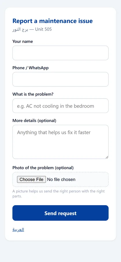 Let a tenant report a problem from their phone with a photo. No app and no login, and the report is given a reference number.